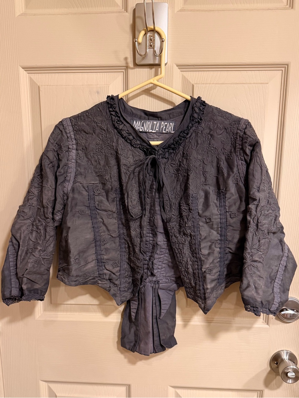 Magnolia Pearl Textured Tie-Front Cropped Inna Jacket tails charcoal silk cotton